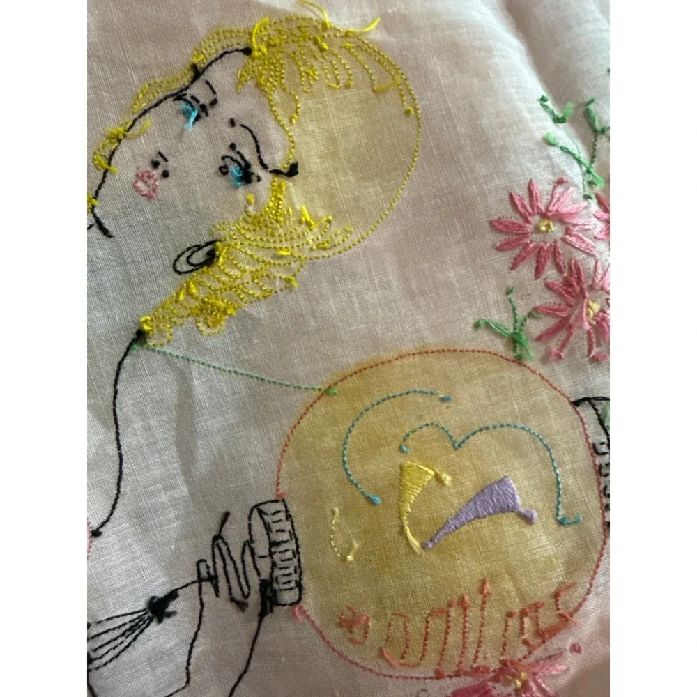 Vintage 1920s Art Deco Tea Apron Hand Painted Flapper Girl Chinoiserie Pink Blue